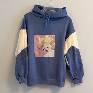 Anime Graphic Blue and Cream Hoodie Sweater